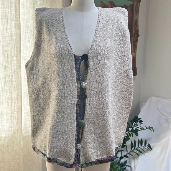 Oversized Lagenlook Knit Vest Natural Fiber Boho Art Teacher Button Front OS